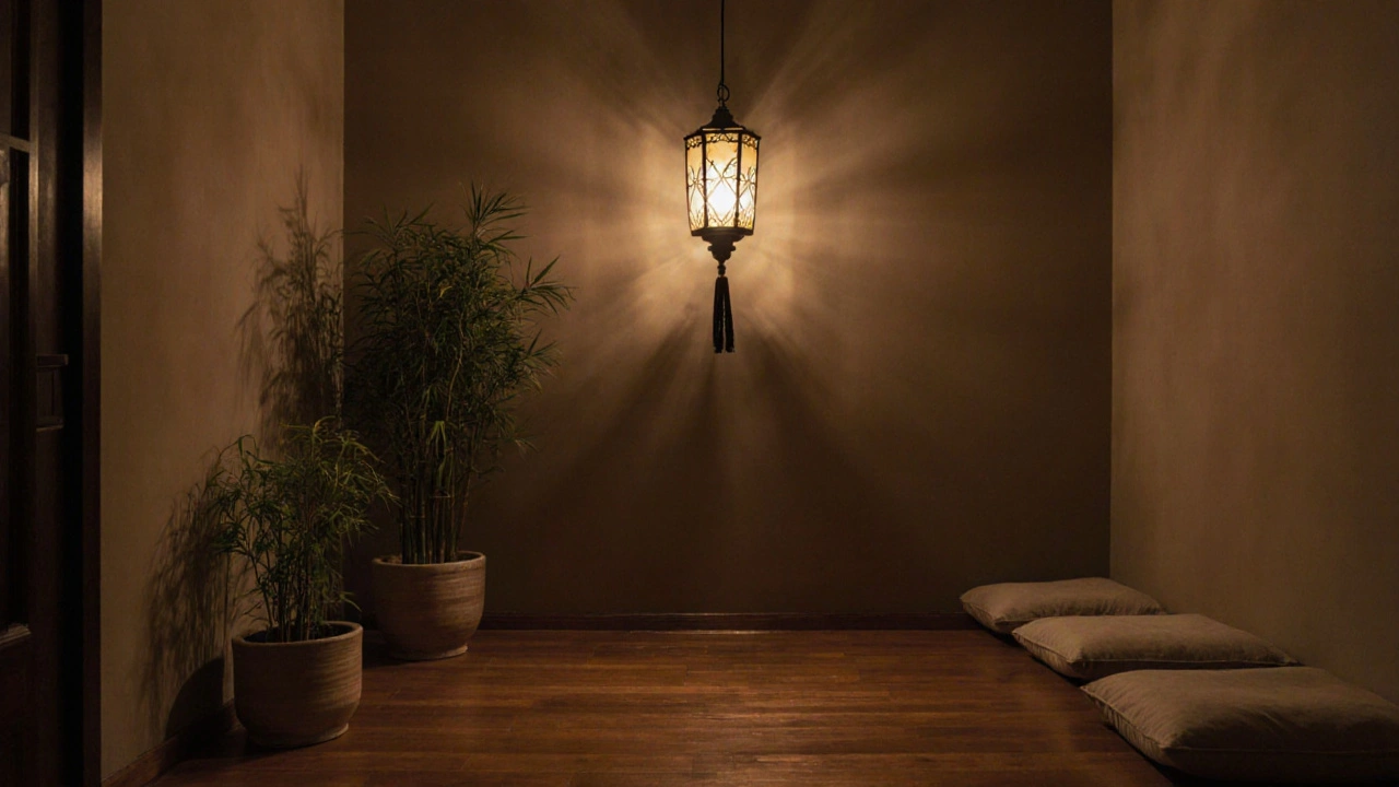 Intérieur calme d'un salon de massage asiatique en bois, avec plantes et lumière douce à Paris.