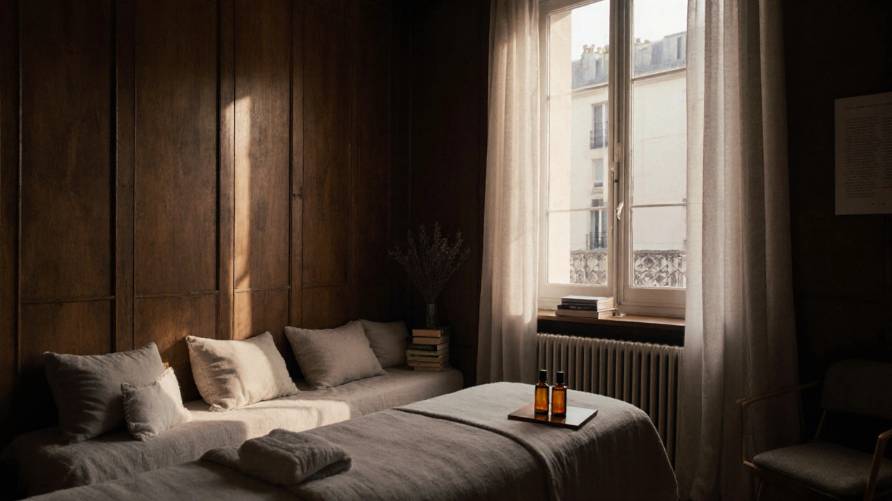 Intérieur d&#039;un salon de massage à Paris 15, avec bois, bougies et coussins en lin.