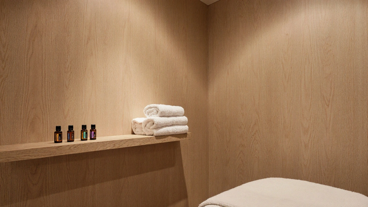 Intérieur d&#039;un salon de massage à Paris 17 avec bois clair, lumières tamisées et huiles essentielles.