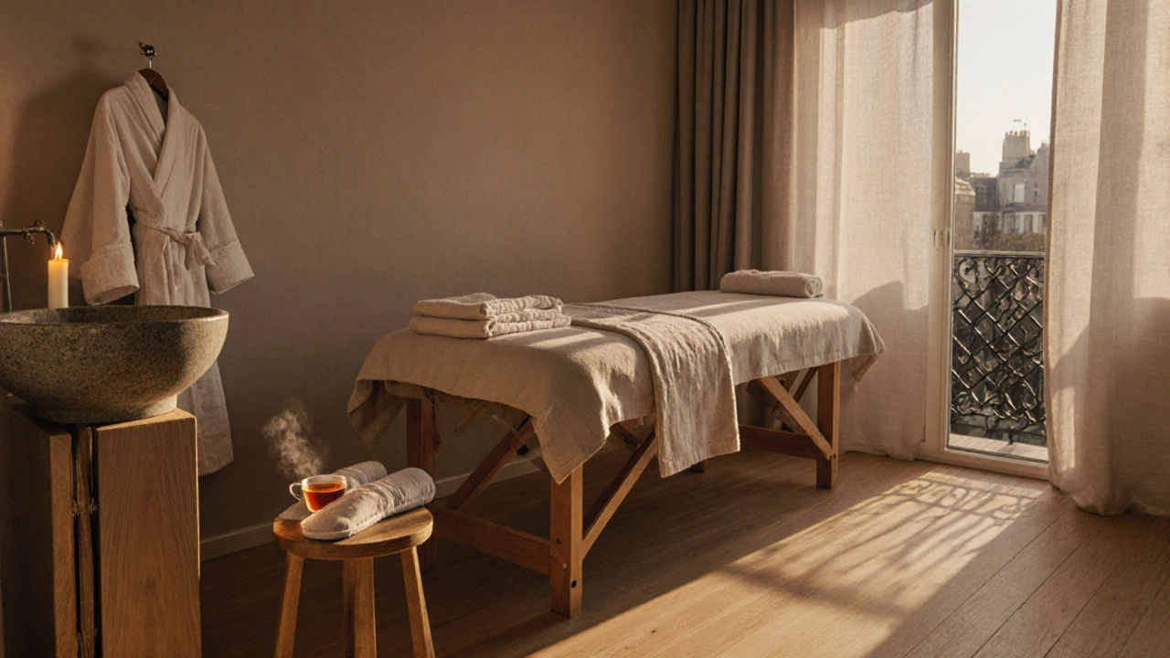 Intérieur d&#039;un salon de massage à Paris : bois clair, bougie, plantes et ambiance apaisante au crépuscule.