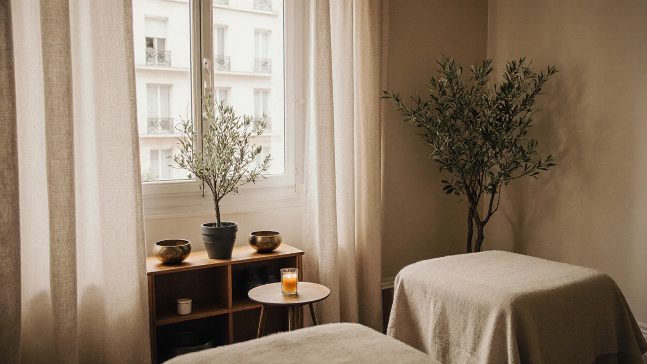 Intérieur d&#039;un salon de massage couple à Paris, avec rideaux légers, plantes et bols tibétains dans une ambiance calme.