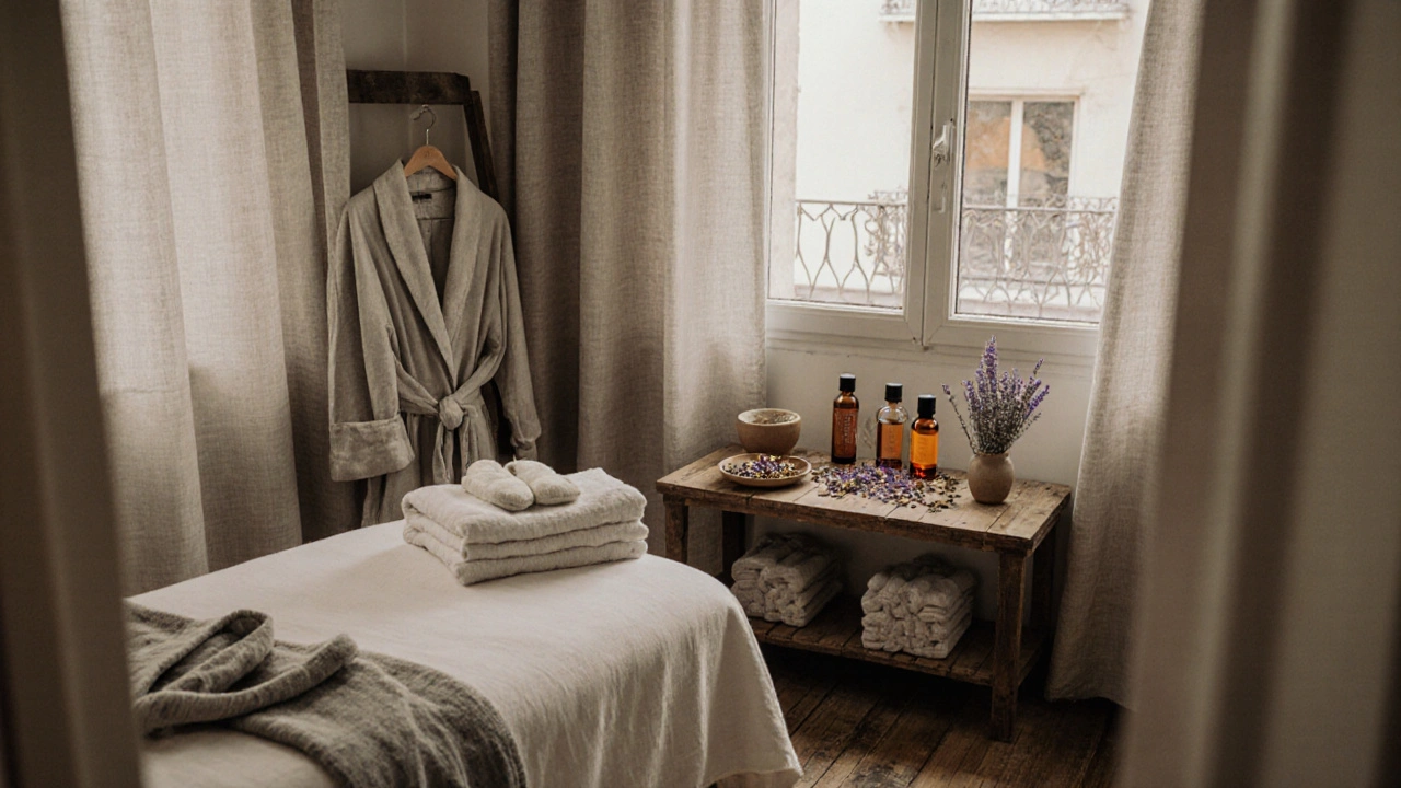 Intérieur de spa à Paris 18 : lit en bois, huiles naturelles et rideaux en lin, ambiance calme et chaleureuse.