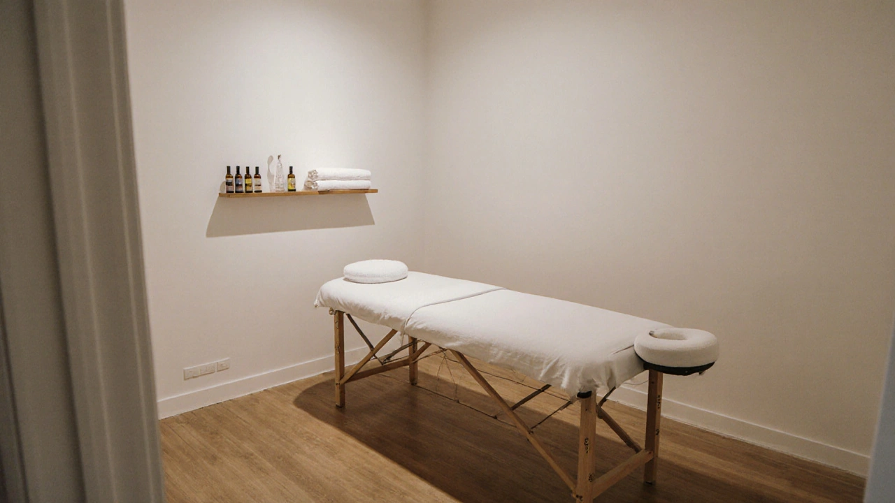 Intérieur simple d&#039;un salon de massage à Paris, table blanche, huiles et serviettes posées, décor minimaliste.