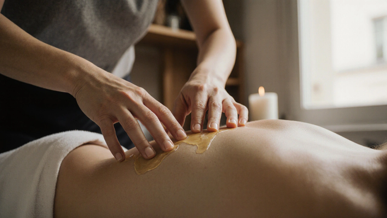 Main de thérapeute effectuant un massage lymphatique très doux sur la cuisse.