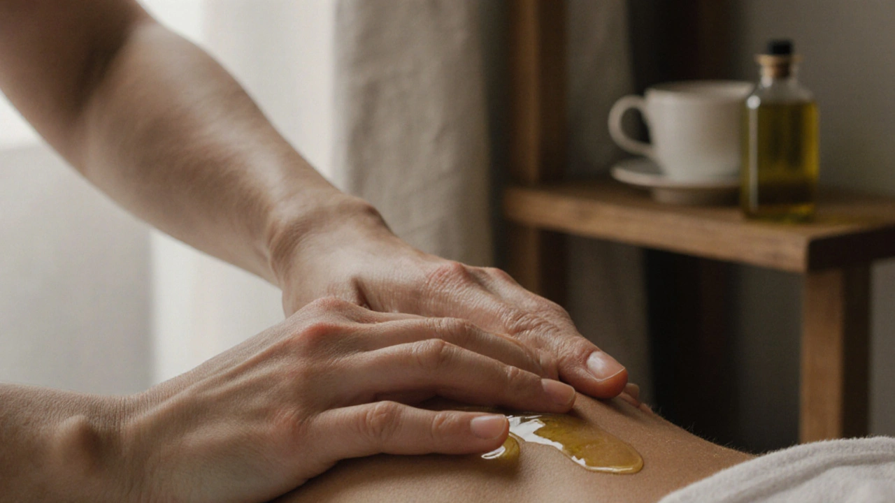 Main massant doucement l’épaule d’un partenaire, huile végétale qui brille, ambiance chaleureuse et intime.