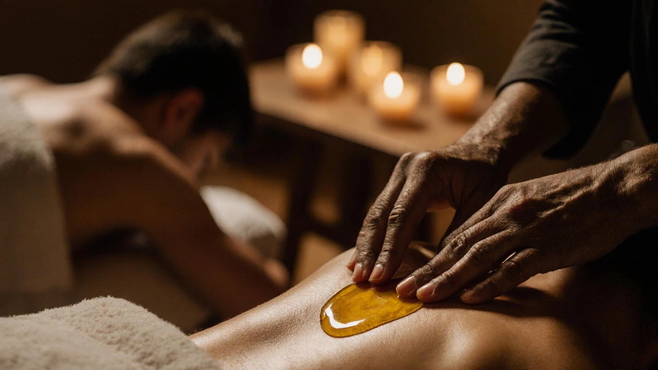 Mains appliquant de l&#039;huile chaude sur un dos, avec des silhouettes floues d&#039;une autre personne en arrière-plan.
