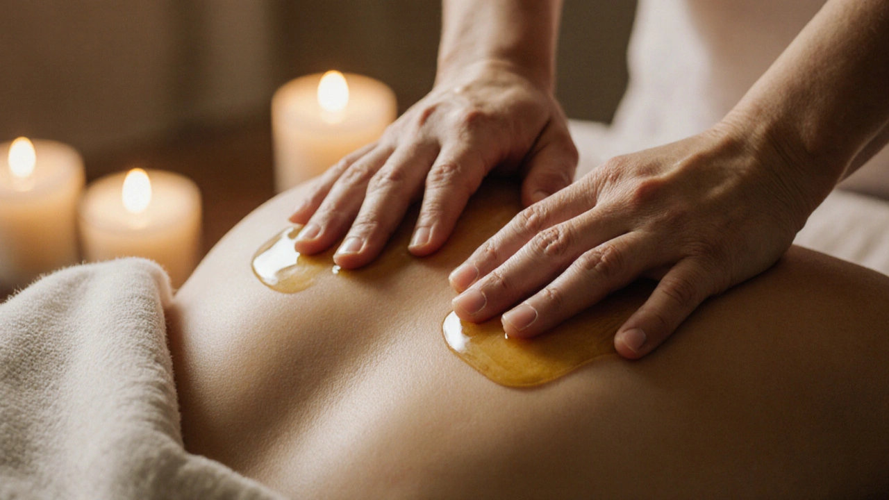 Mains appliquant un massage doux sur le dos, avec de l'huile chaude et des bougies en arrière-plan.