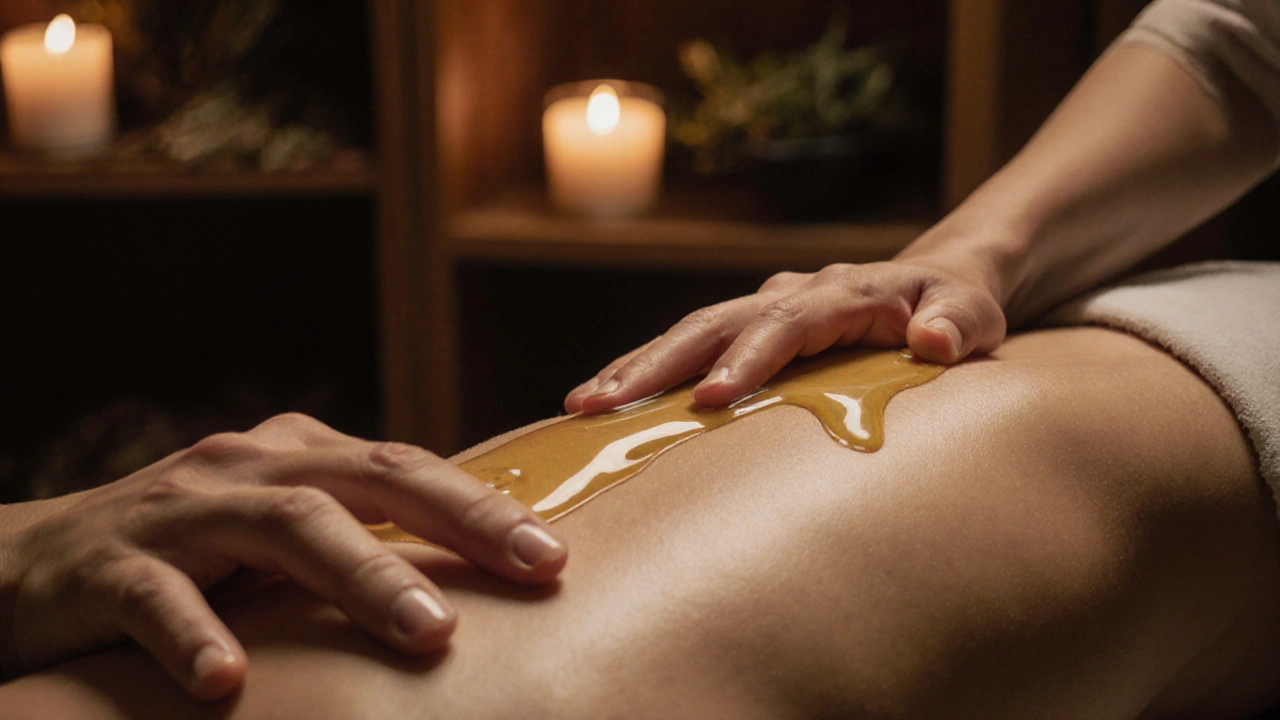 Mains d&#039;un masseur en mouvement doux sur le dos d&#039;une personne allongée, dans une ambiance chaude et intime.