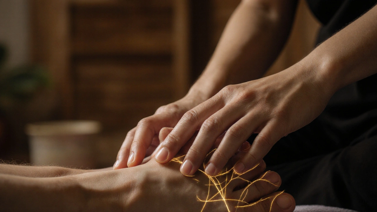 Mains d'un praticien appliquant une pression douce sur la plante du pied pendant un massage.