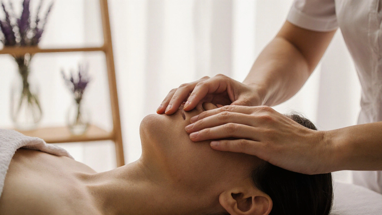 Mains d&#039;un thérapeute effectuant un mouvement doux sur le cou pendant un drainage lymphatique.