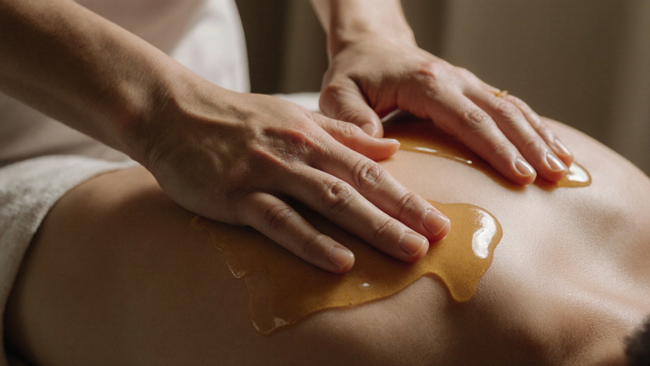 Mains d&#039;un thérapeute massant doucement les épaules avec de l&#039;huile, fond flou et lumière chaude.