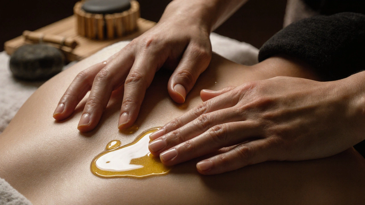 Mains de masseur en train de masser le dos avec des huiles naturelles, en plan rapproché.