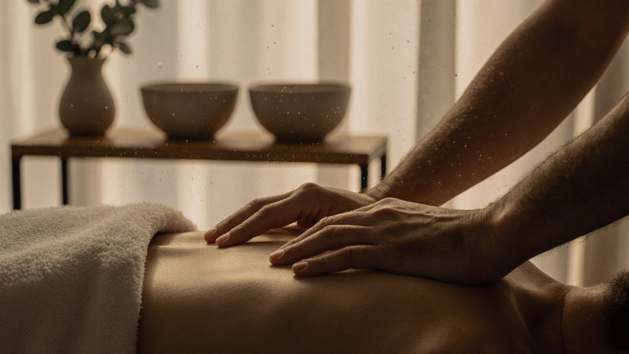 Mains de masseur posées délicatement sur le dos d&#039;une personne recouverte d&#039;une serviette, lumière chaude et ambiance calme.