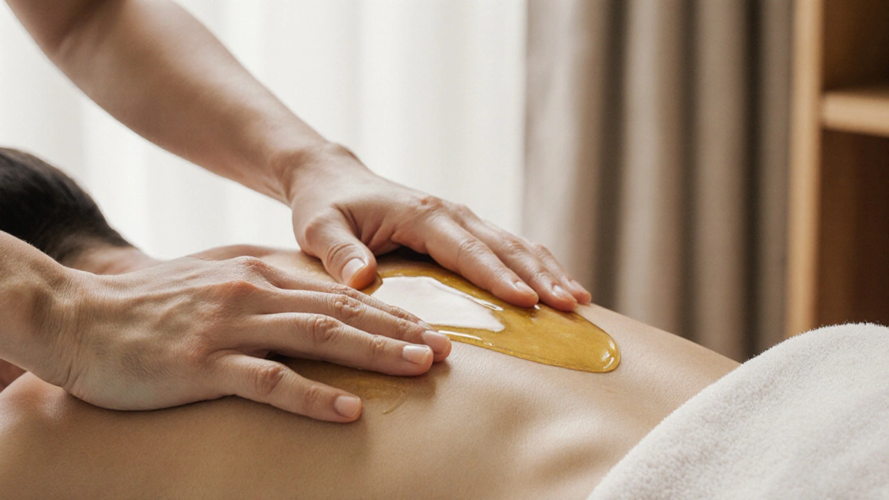 Mains de masseurs en train de masser les épaules avec de l&#039;huile, dans un plan rapproché et une lumière douce.