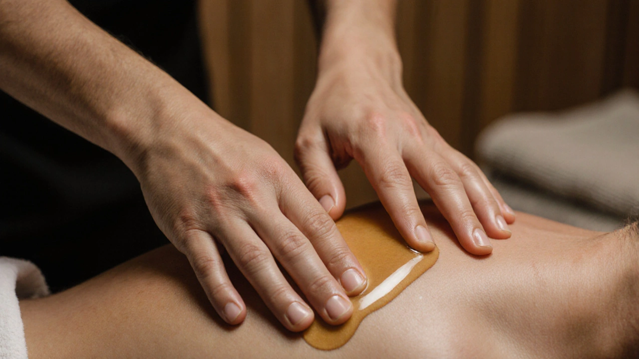 Mains de praticien massant doucement l&#039;épaule avec une huile bio qui brille.