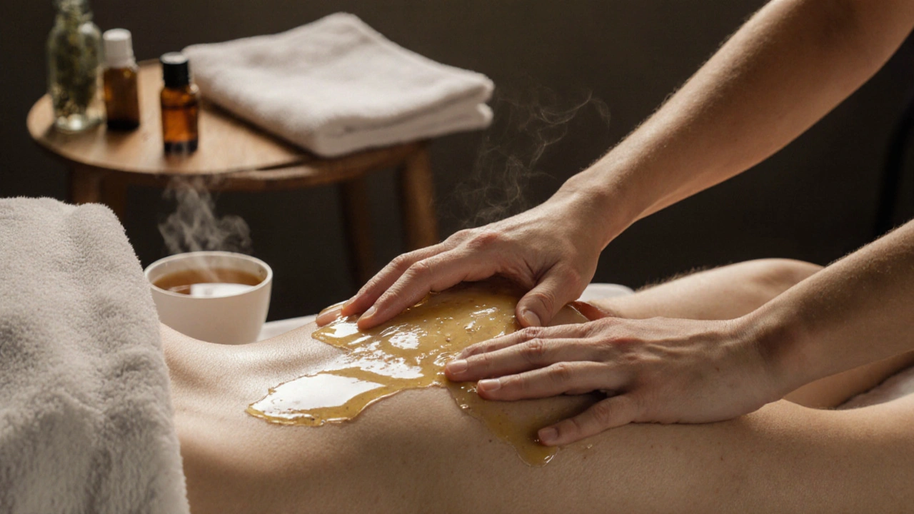 Mains de thérapeutes massant doucement les épaules et les jambes de deux personnes allongées.