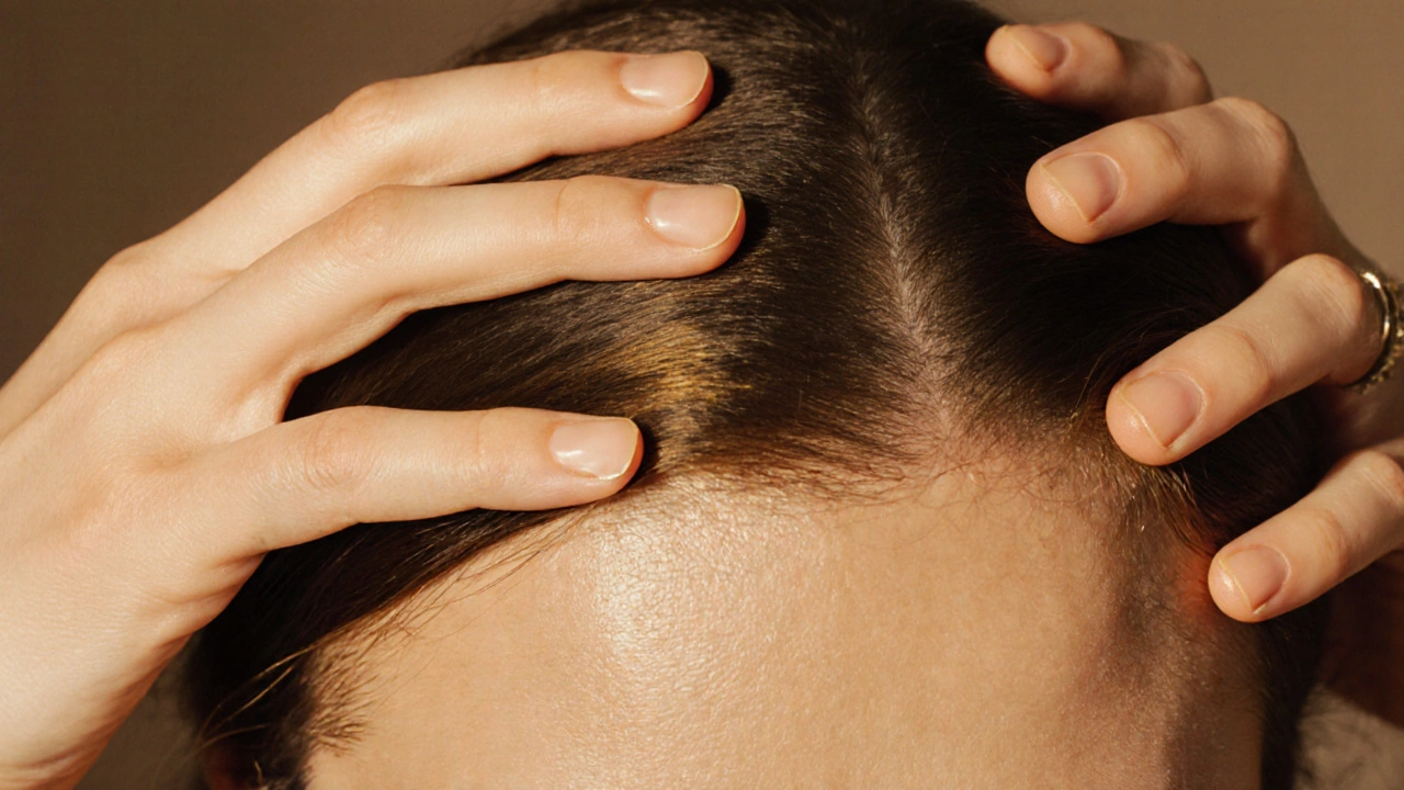 Mains effectuant des mouvements circulaires doux sur le cuir chevelu, lumière dorée soulignant la texture de la peau.