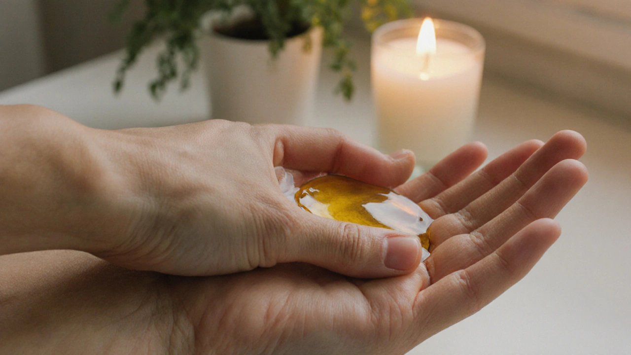 Mains massant doucement la paume avec de l&#039;huile naturelle, dans un cadre intime.