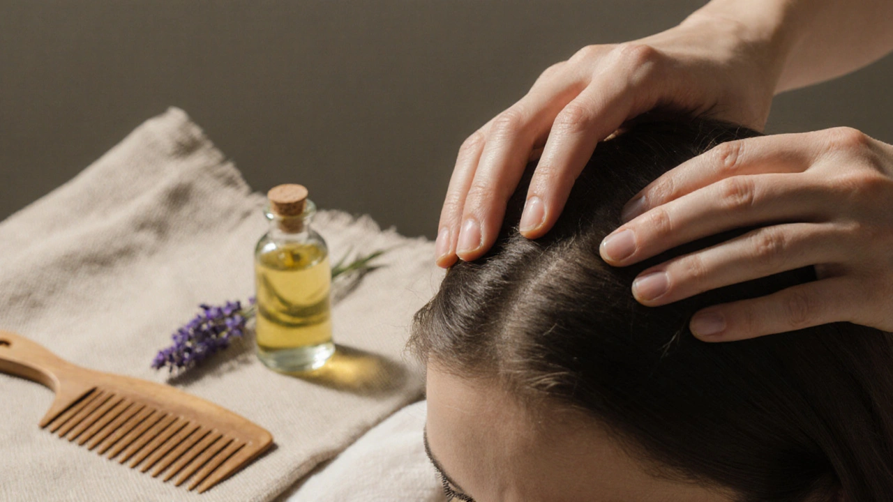 Mains massant doucement le cuir chevelu, huile de lavande et peigne en bois en arrière-plan.