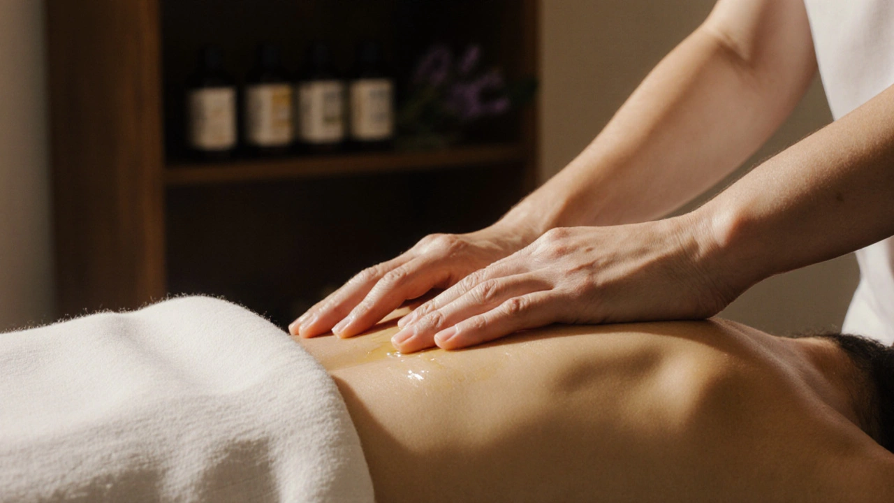 Mains massant doucement le haut du dos, drapées d’un tissu blanc et huilées naturellement.