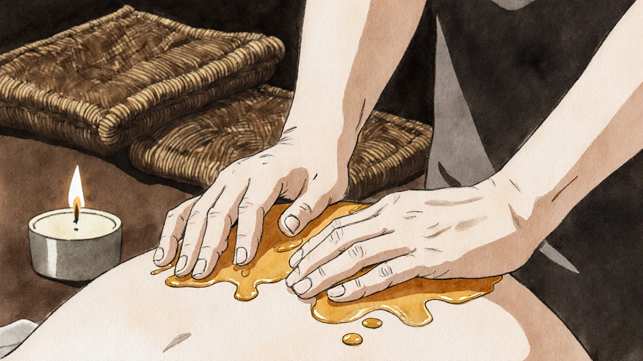 Mains massant doucement les épaules avec des gouttes d&#039;huile brillantes, dans une lumière tamisée.