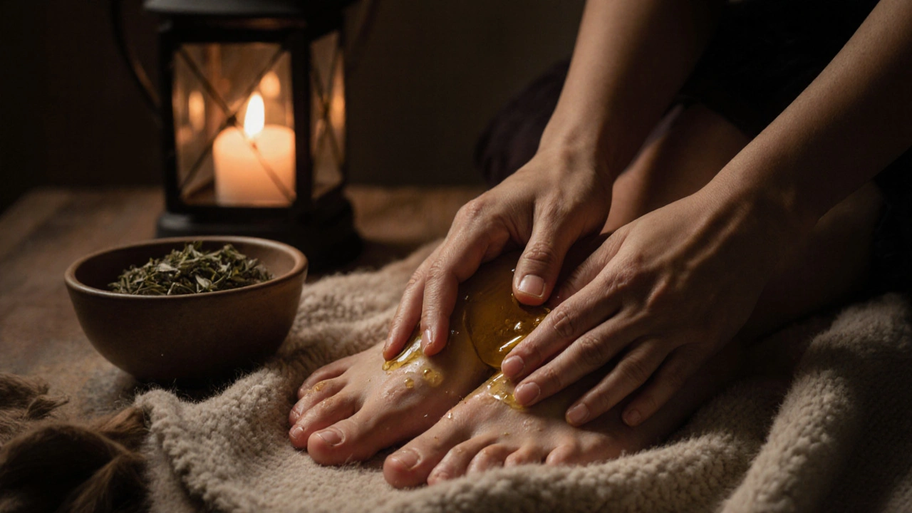 Mains massant les pieds avec de l&#039;huile naturelle, bougie et plantes en arrière-plan.