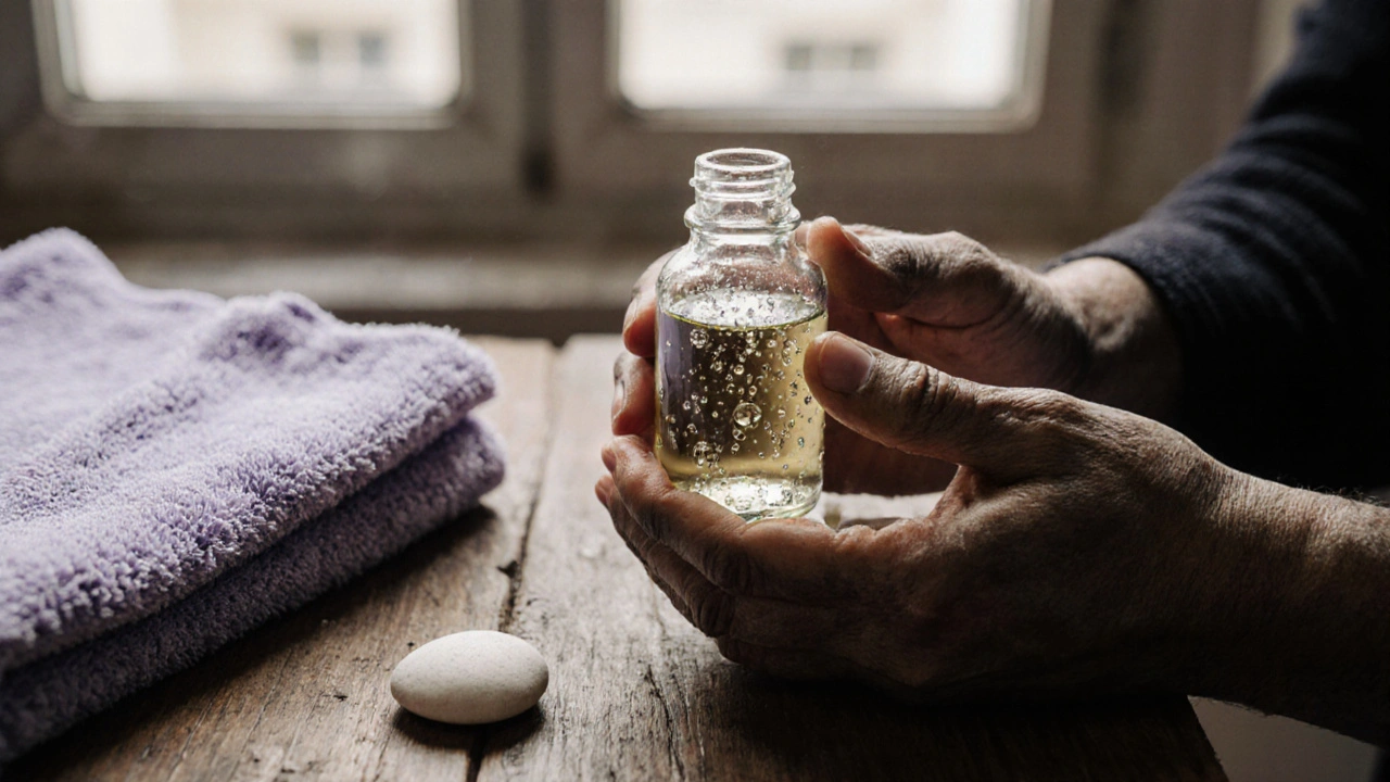 Mains tenant une bouteille d’huile de lavande naturelle sur une surface en bois, avec un caillou blanc et une serviette.
