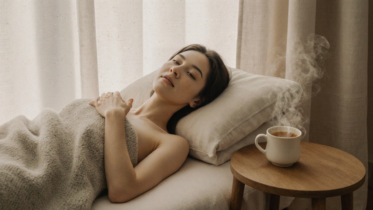 Personne allongée en paix après un massage, les yeux fermés, avec une tisane à côté.