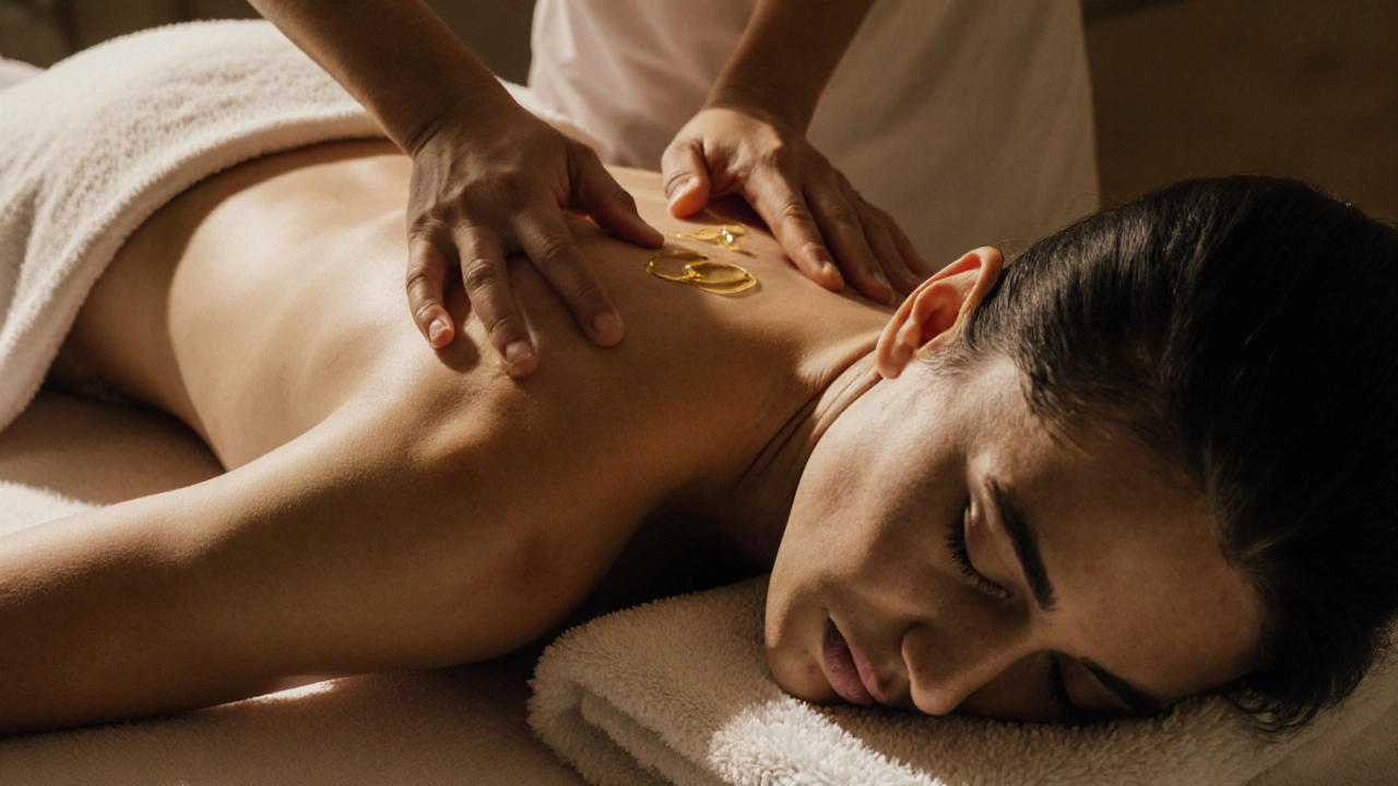 Personne allongée sur une table de massage, les yeux fermés, expression paisible.