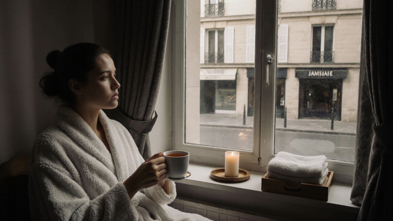 Personne en robe de bain, apaisée, tenant une tasse de thé près d’une fenêtre après un massage.