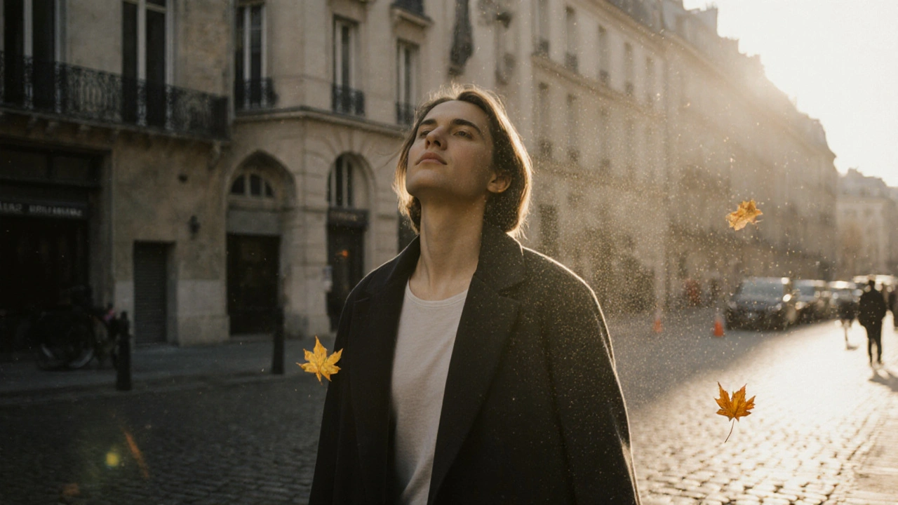Personne marchant lentement dans une cour parisienne après un massage, les épaules détendues, lumière matinale et feuille tombante.
