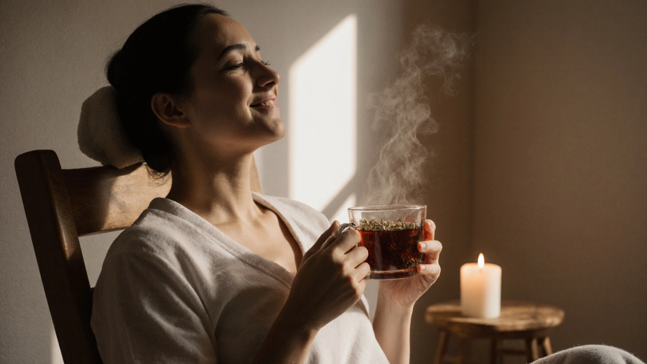 Personne souriante après un massage, tenant une tasse de thé dans un cadre apaisant.