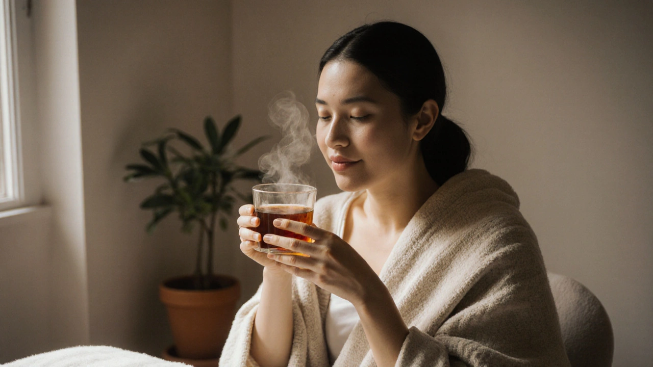 Personne souriante après une séance, sirotant une tisane dans un coin paisible du salon.