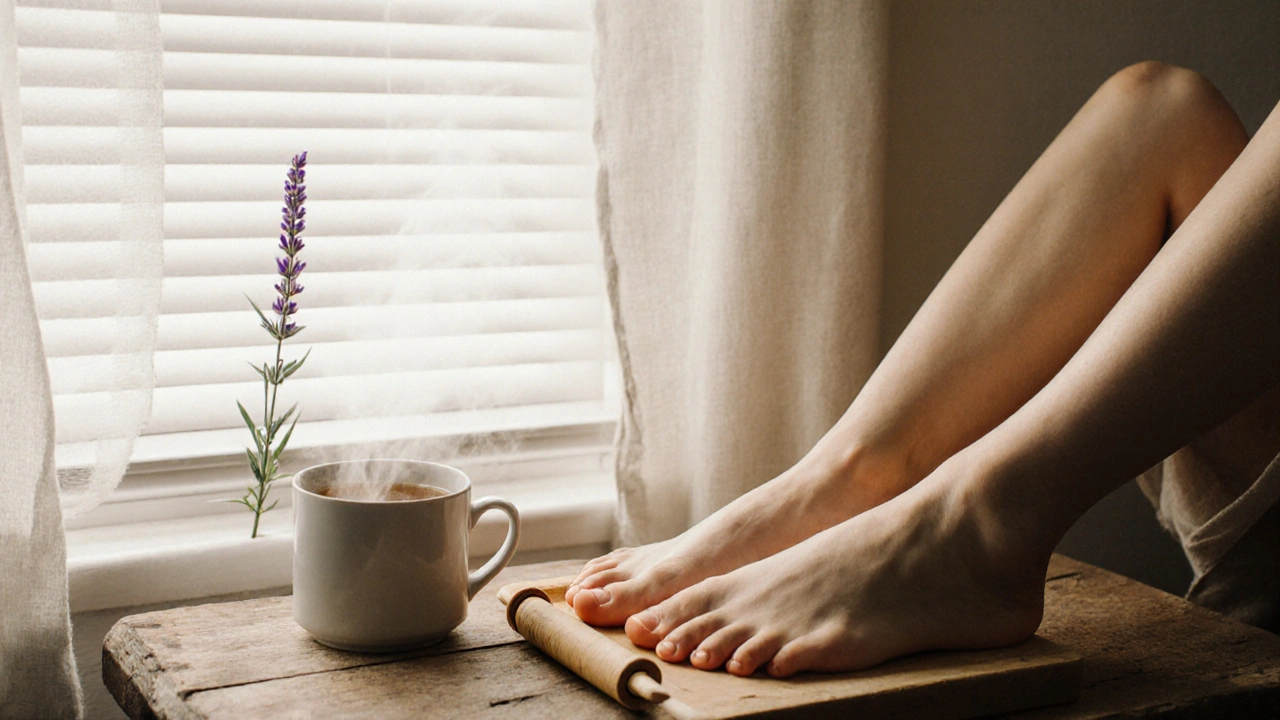 Pieds reposant sur un rouleau en bois, avec une tisane et une branche de lavande, ambiance apaisante.