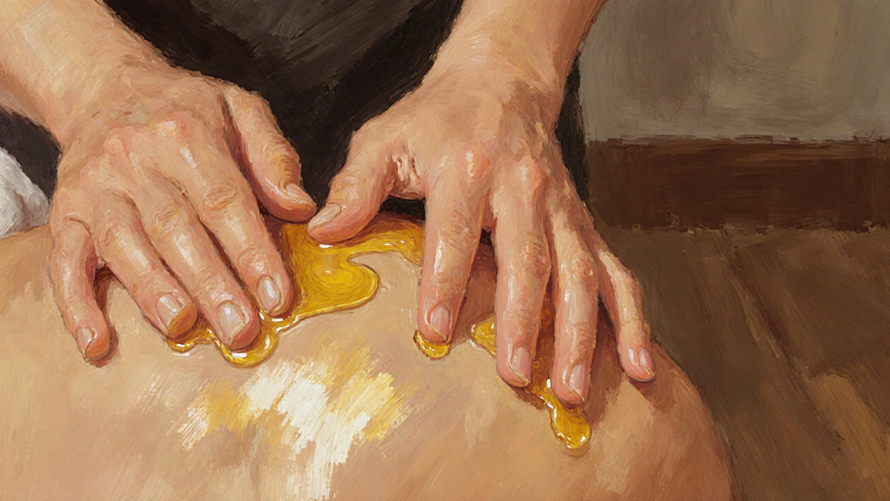 Plan rapproché de mains en mouvement appliquant de l&#039;huile sur une peau humide.