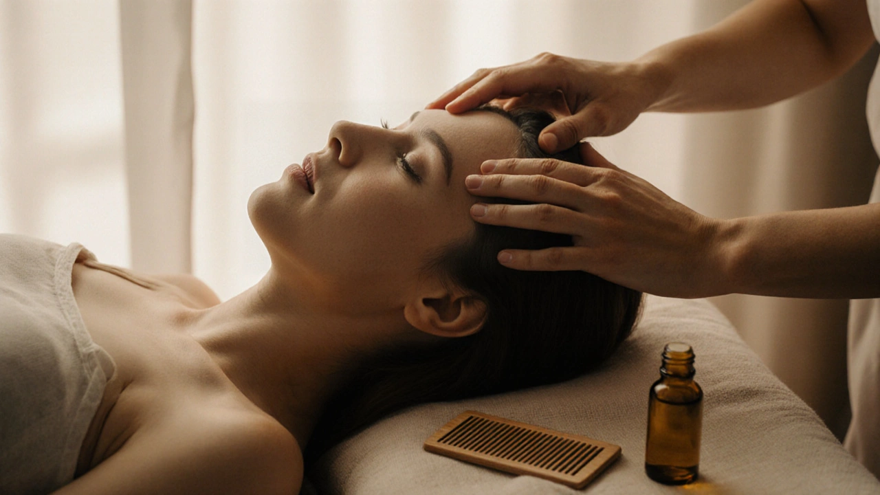 Plan rapproché de mains en train de masser les tempes avec un peigne en bois et une huile végétale posés à côté.