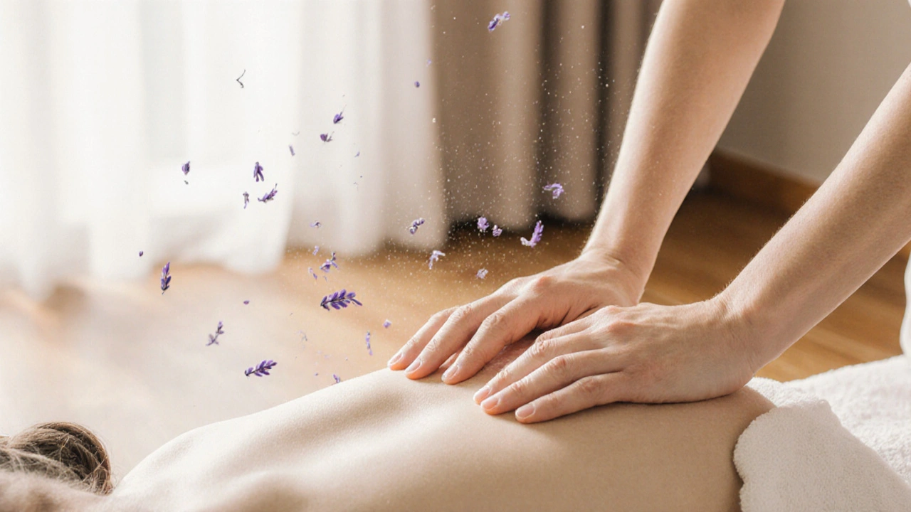 Plan rapproché de mains massant doucement le dos, lumière chaude et textures naturelles, pas de visage visible.