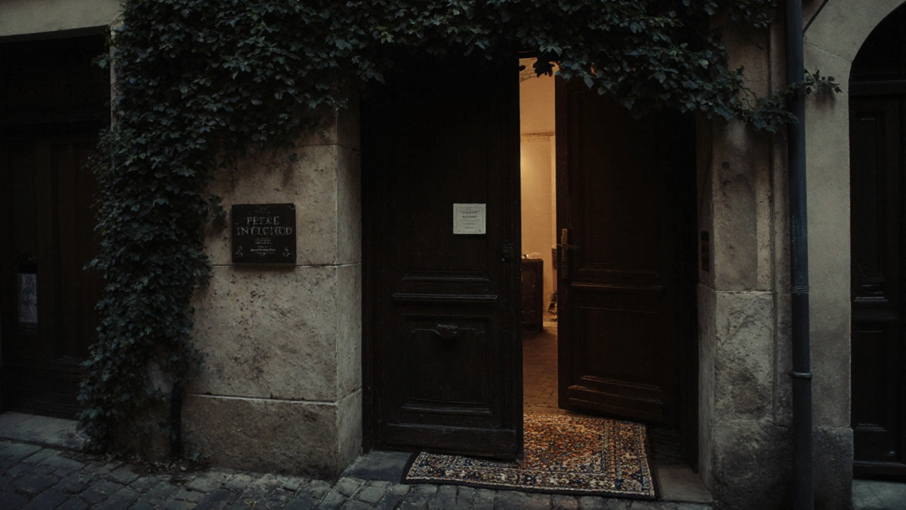 Porte en bois sombre sans enseigne dans une ruelle du Marais, à la tombée de la nuit.