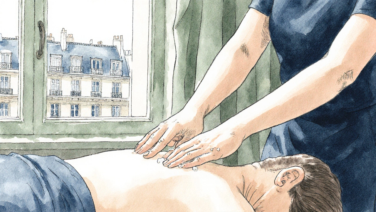 Praticien appliquant une pression douce sur un point d&#039;acupression au niveau du cou d&#039;une cliente drapée.