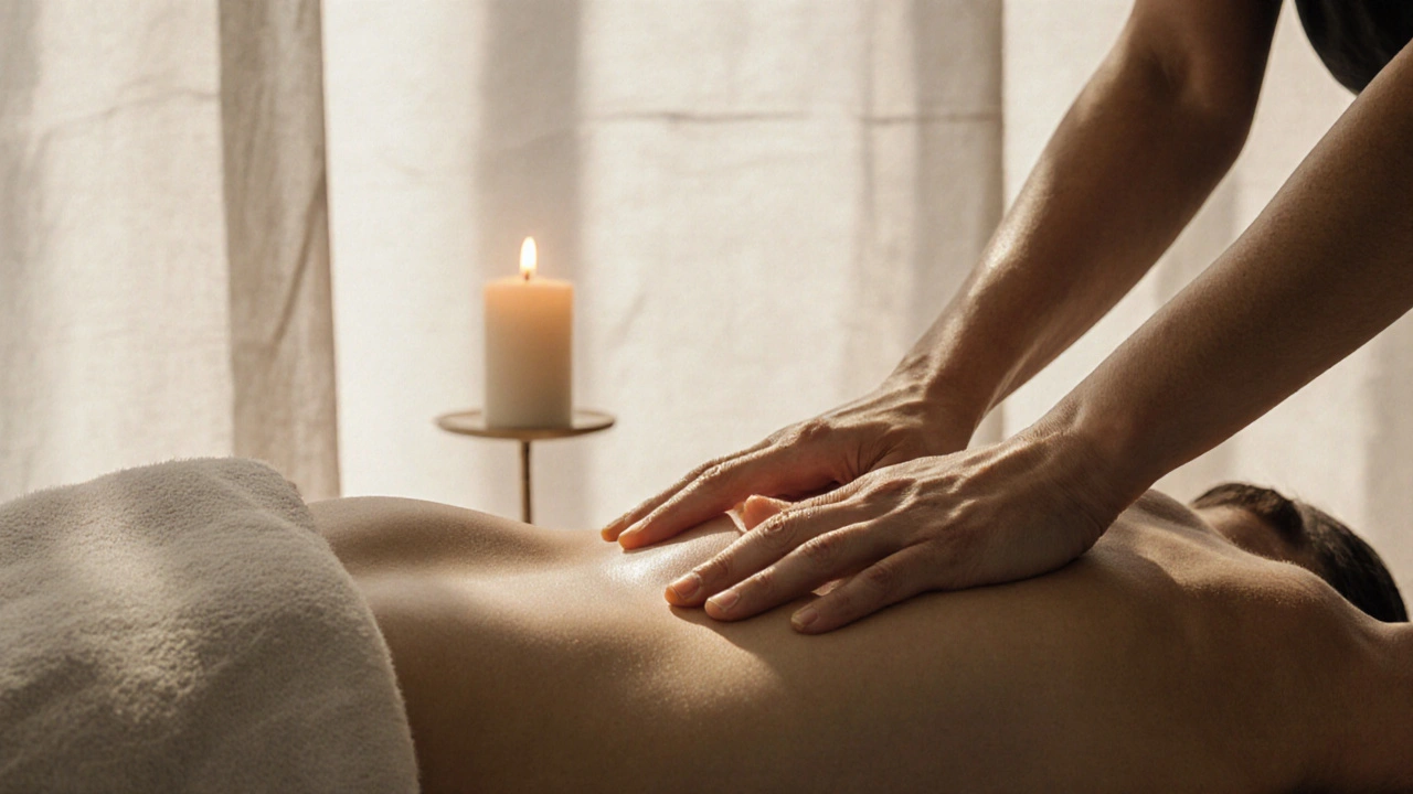 Praticien massant doucement le dos d&#039;une personne avec des mouvements fluides, dans une pièce lumineuse et sobre, sans érotisme.