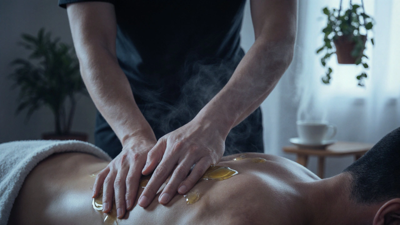 Praticien massant le dos d&#039;un client avec des mouvements fluides, huile naturelle visible, atmosphère intime et bienveillante.