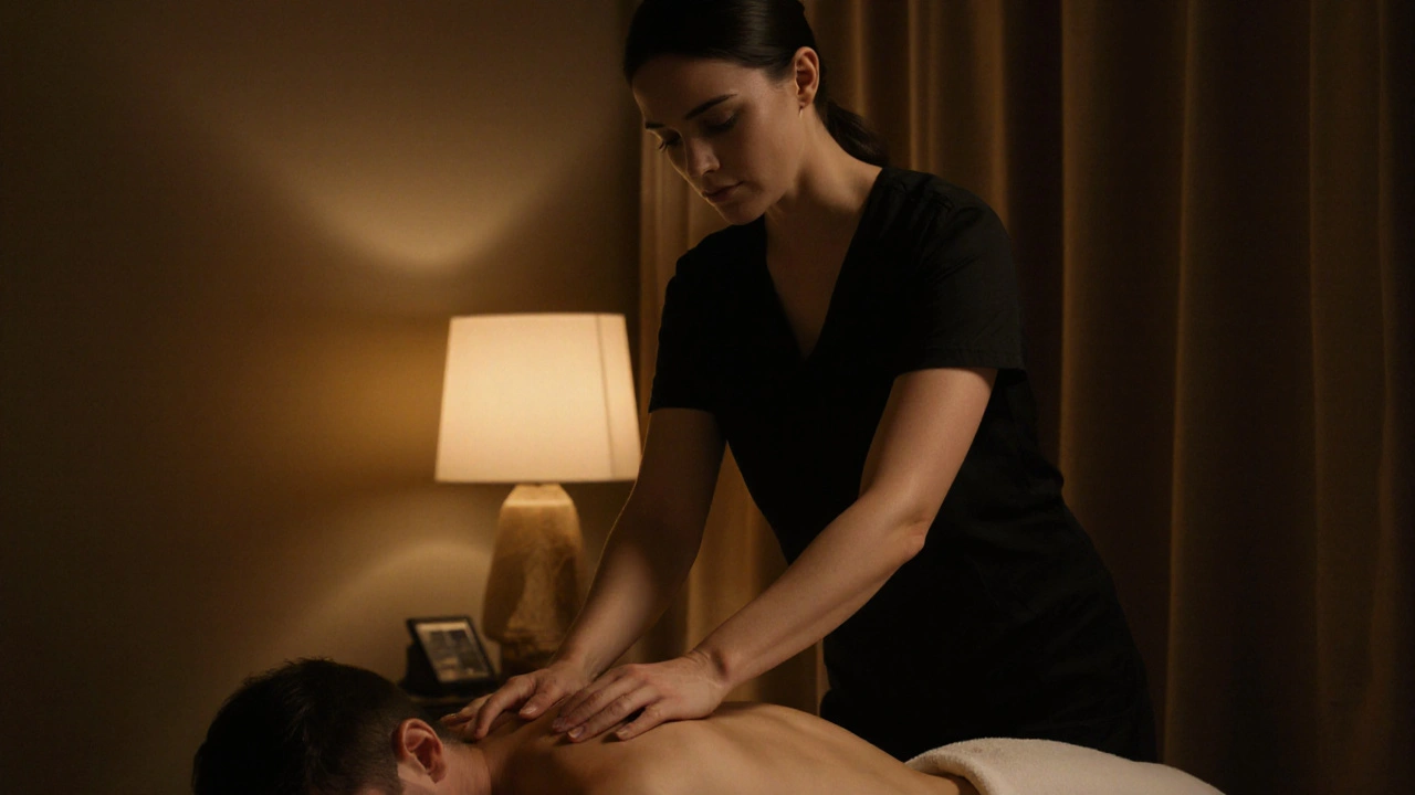 Praticien massant les épaules d’un client avec des mouvements lents, dans une lumière douce et chaleureuse.