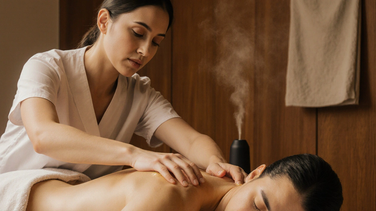 Praticien masse les épaules d’un client avec des mouvements doux, huile brillante sur la peau.