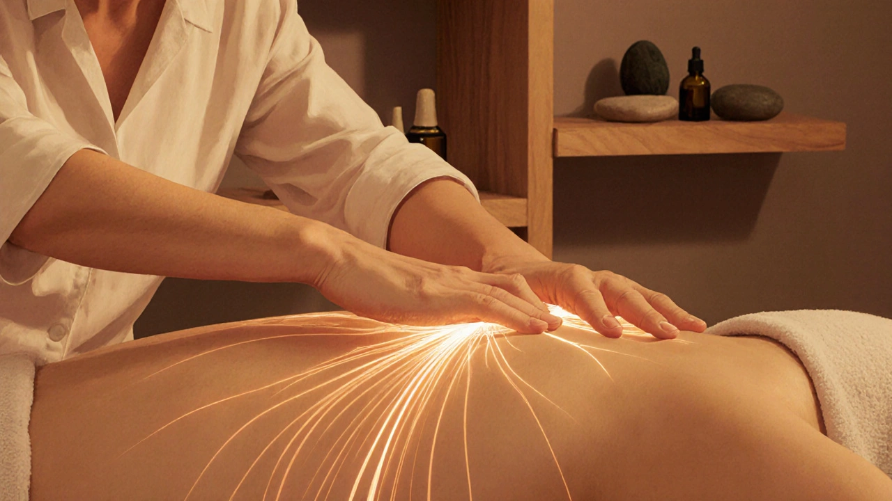 Praticien masseur travaille les épaules avec précision, lignes subtilement lumineuses représentant la détente des tensions.