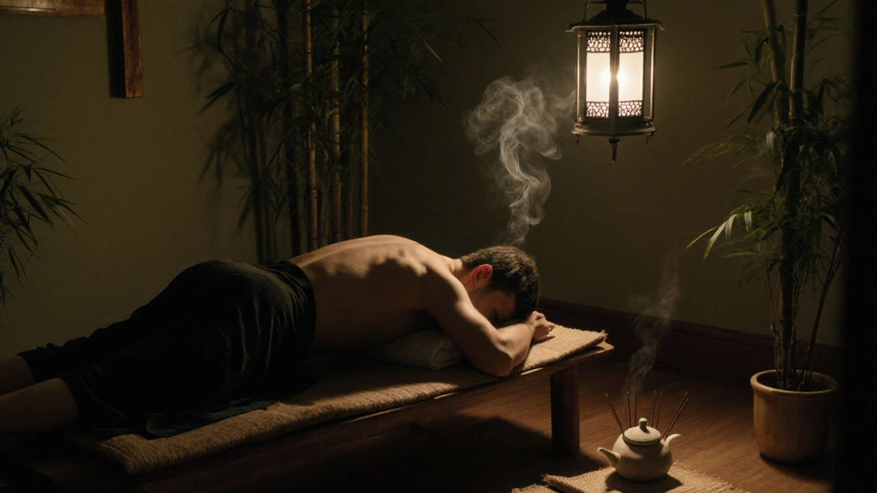 Salon de massage chinois à Paris avec client allongé sur une natte, lumière tamisée.