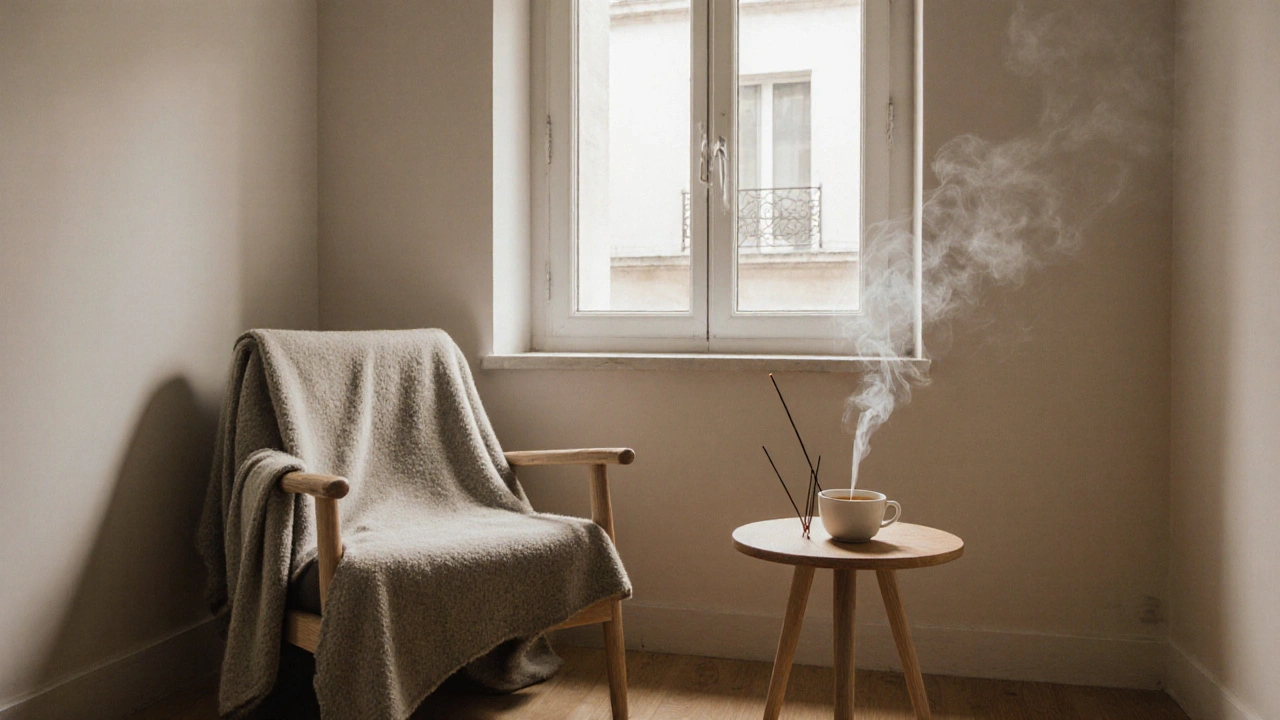 Salon de massage minimaliste à Paris avec bois clair, bougie et plante, atmosphère apaisante et épurée.