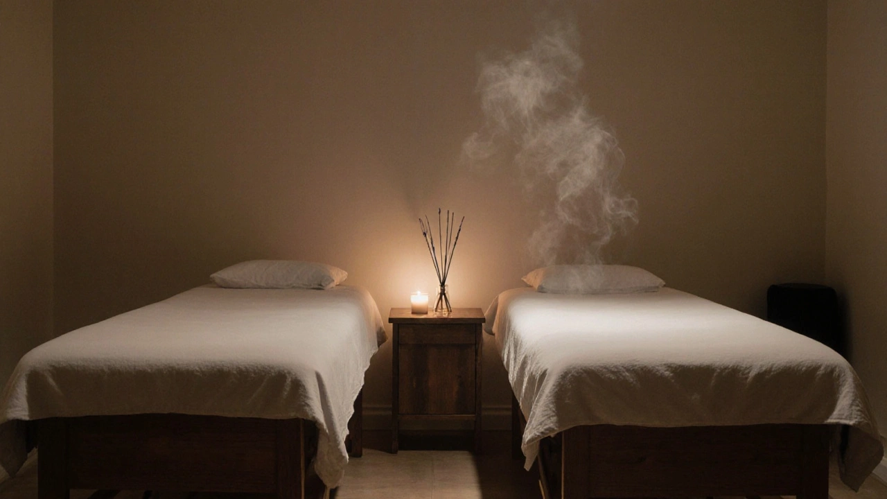 Salon de massage parisien calme avec deux tables en bois, lumière douce et plantes, ambiance apaisante.