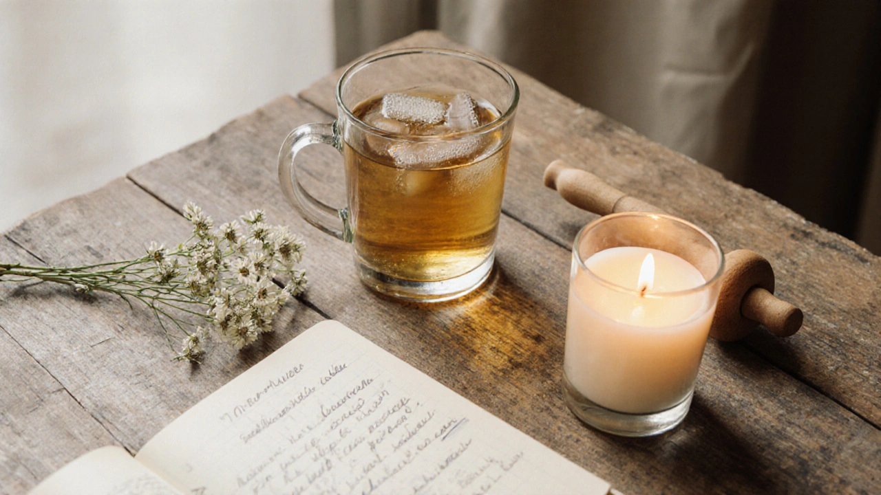 Symboles du bien-être abordable : tisane, rouleau de massage et bougie sur une table en bois, évoquant une pause paisible.