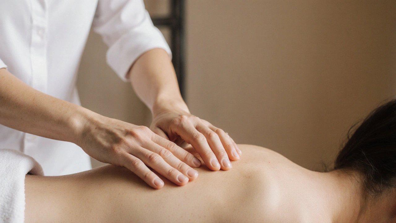 Thérapeute massant doucement la cuisse d&#039;un patient avec une pression très légère.