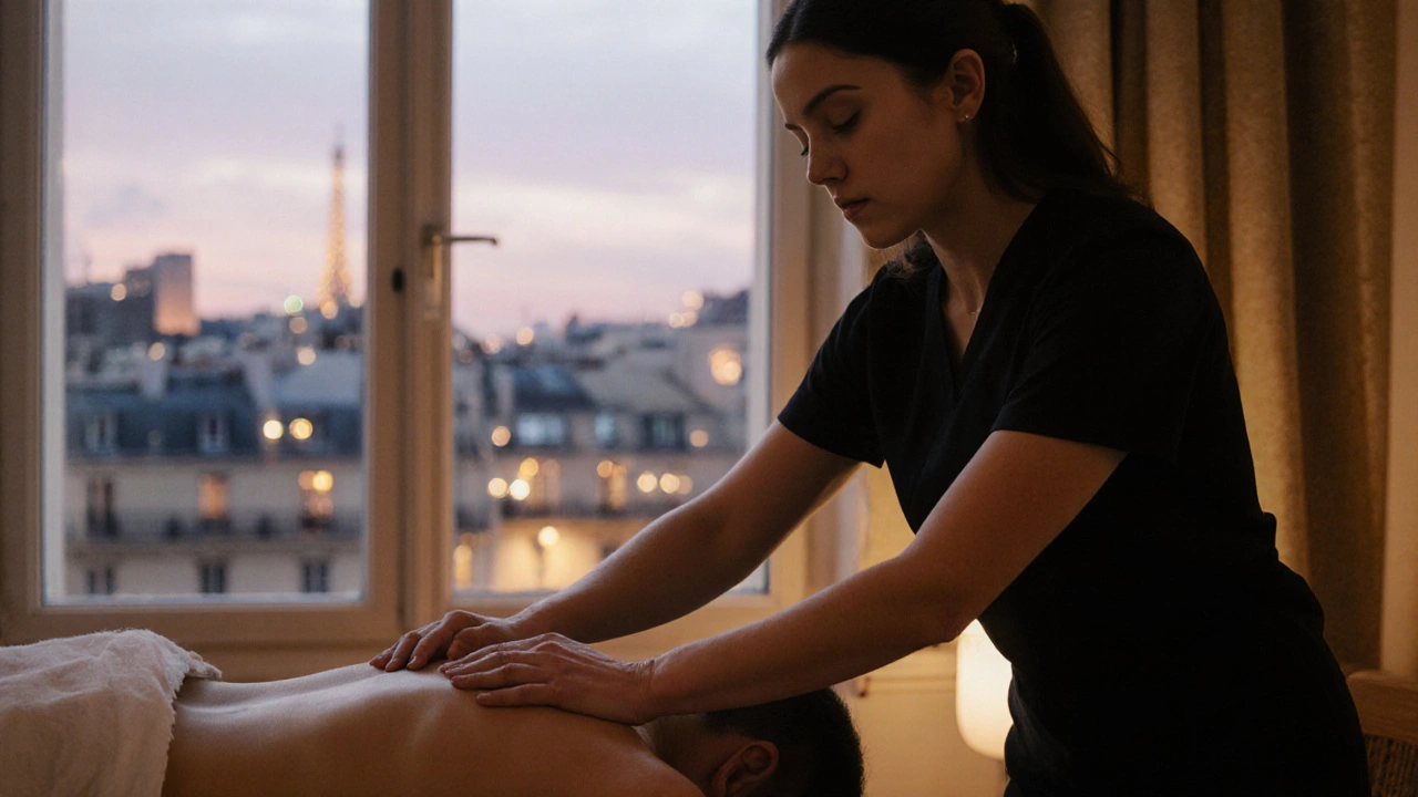 Thérapeute massant doucement les épaules d&#039;un client dans une ambiance calme et chaleureuse.